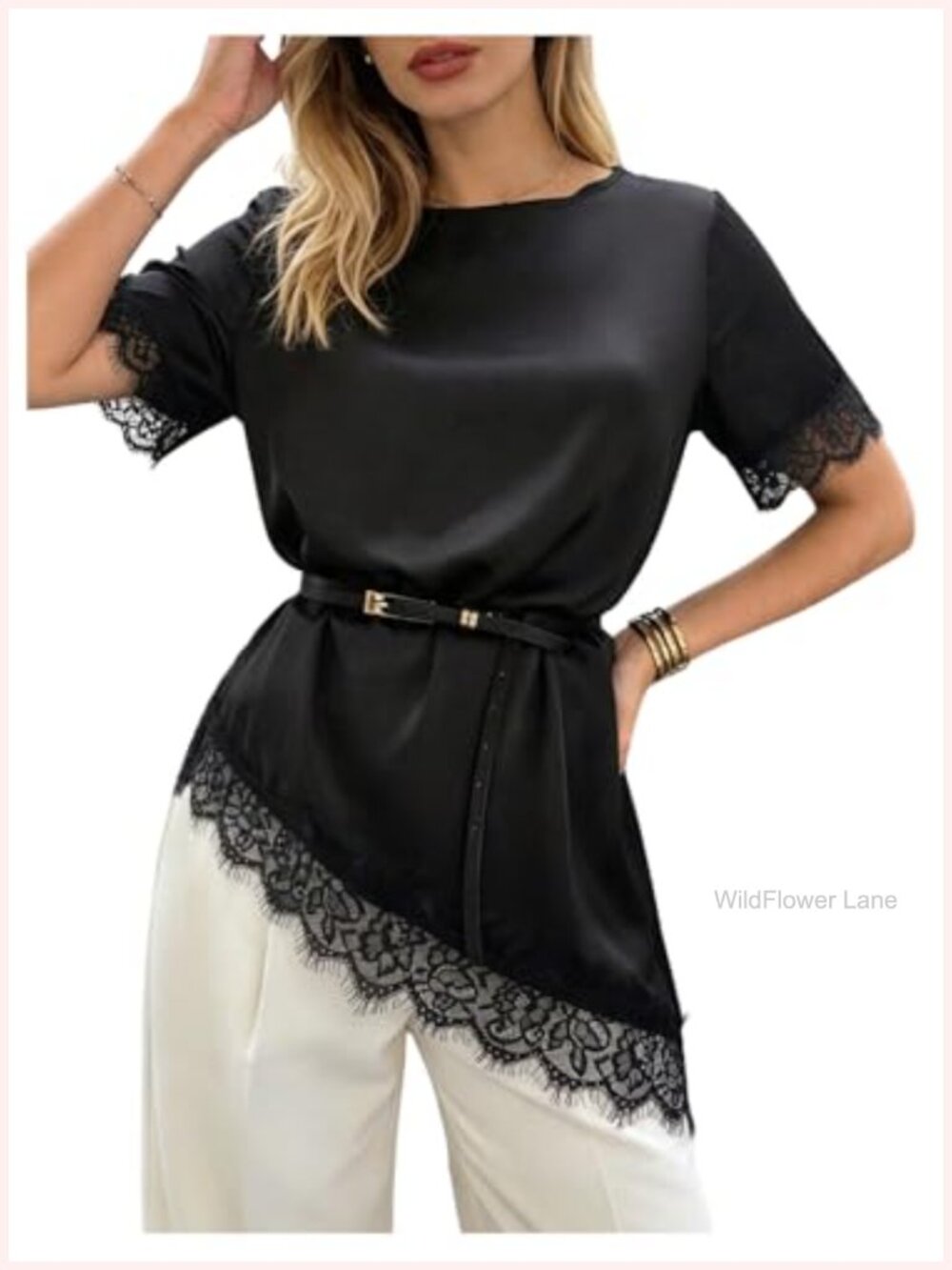 Lace Trim Asymmetrical Blouse Boat Neck Short Sleeve Women's Top